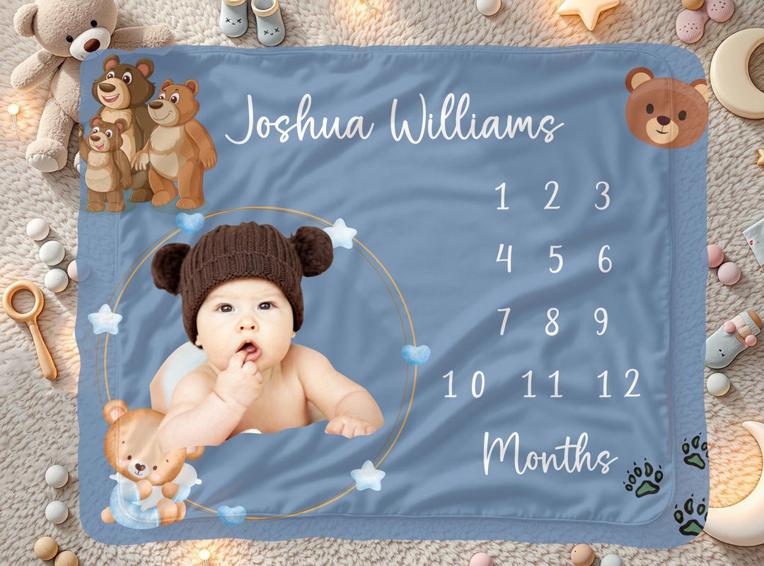 Personalized Baby Boy Milestone Blanket, Bear Theme Monthly Age Tracker ...
