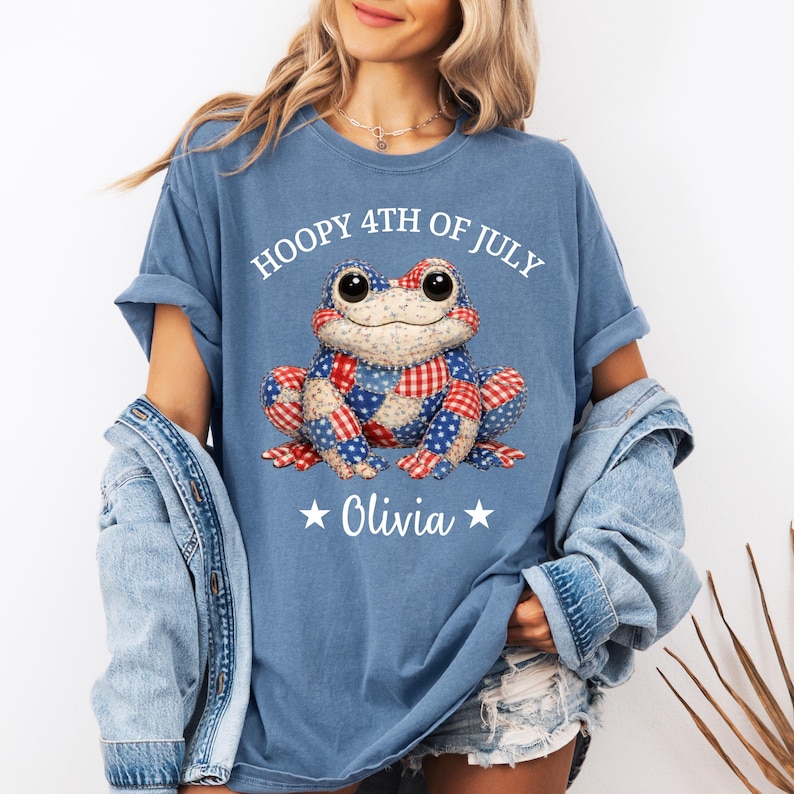 Cute patriotic frog shirt with patchwork USA pattern and custom name, personalized 4th of July Independence Day tee for kids and adults