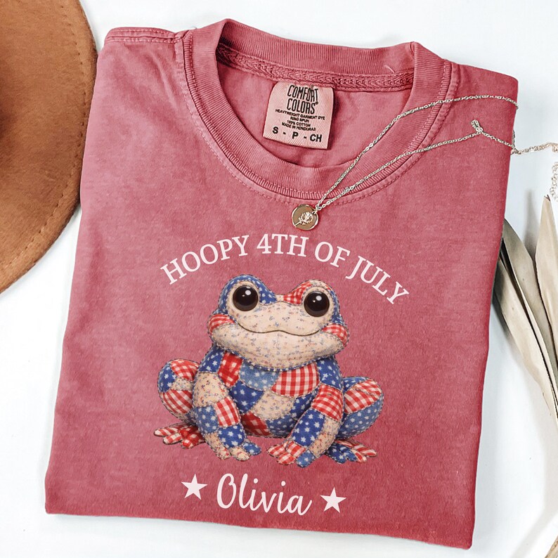 Cute patriotic frog shirt with patchwork USA pattern and custom name, personalized 4th of July Independence Day tee for kids and adults