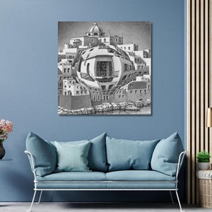 Balcone (impossibile prospettiva a bolle) M.C. Escher Painting, MC Escher Oil Painting Print Arts, Maurits Cornelis Escher Oil Painting Poster