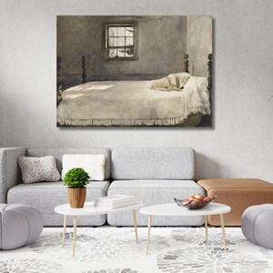 Il cane che dorme nel letto, stampa artistica da parete, camera da letto principale, 1965, pittura a olio, stampe su tela per camera da letto principale, opere d'arte famose