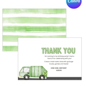 Garbage Truck Birthday Thank You Card, Trash Truck Birthday Thank You Card, Dump Truck Birthday Thank You Card, Free Editable in Canva