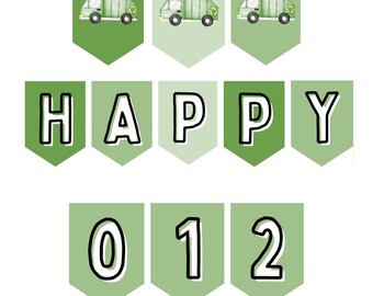 May include: A banner set with green pennants. The top row features three illustrations of green garbage trucks. The middle row spells "HAPPY" in black outlined letters. The bottom row displays the numbers "0 1 2".