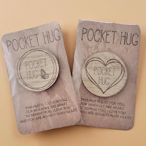 Wooden Pocket Hug Token – 1.5” Engraved Keepsake – Custom Message Option – Thinking of You Gift – Pocket Hug for Encouragement Long Distance