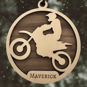 Personalized Sports Ornaments, motocross gift, custom laser engraved racing name year, dirt bike rider gift, dirt bike riding holiday gift