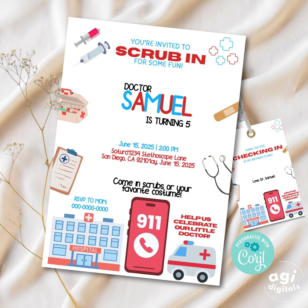 Editable Doctor Birthday Theme Invitation, Doctor Party Invite, Medical ...