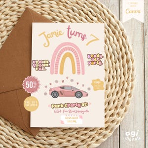 Convite para festa de aniversário com carro rosa, convite digital para jantar de aniversário de adolescente, viagem de aniversário para meninas, cartão de aniversário com destino em tons de rosa