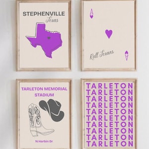 May include: Four framed art prints with a beige background. The prints feature purple and gray text and graphics, including a map of Texas, a playing card, a cowboy boot and hat, and the word "Tarleton" repeated.