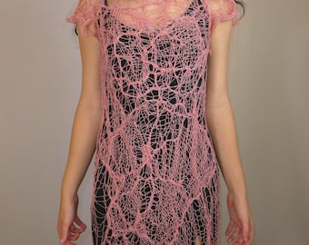 Grunge Distressed Knit Cotton dress: Pink Tattered Mesh knitwear, Fairy Apocalypse Deconstructed dress
