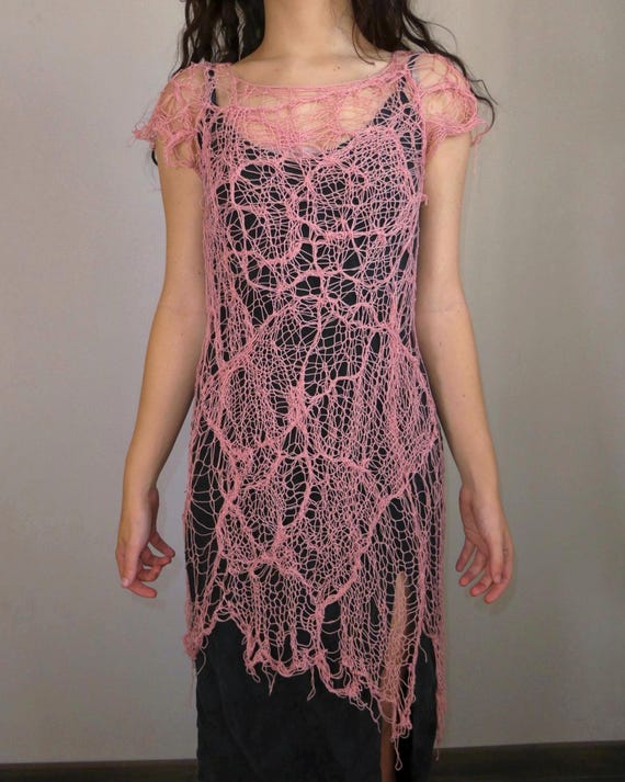 Grunge Distressed Knit Cotton Dress: Pink Tattered Mesh Knitwear, Fairy Apocalypse Deconstructed Dress