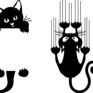 May include: Three black cat silhouettes in different poses. One cat is peeking over a surface, another is hanging upside down with its claws extended, and the third is curled up with its tail in a circle.