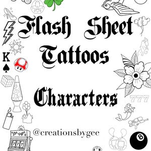 Tattoo Flash Sheet / Tattoos/ Tattoo Characters/ Outlines/ Fine Line Tattoos
