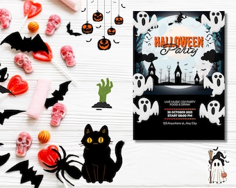 Modèle modifiable d'invitation à une fête d'Halloween, invitation à une fête costumée