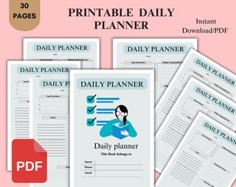 Puede incluir: Un planificador diario imprimible de 30 páginas. El planificador tiene un esquema de color azul y blanco y presenta una ilustración de dibujos animados de una persona leyendo un libro. El texto "Daily Planner" se repite en cada página. El texto "Descarga instantánea/PDF" también está incluido.