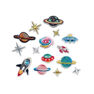 May include: A set of 12 colorful iron-on patches featuring space-themed designs, including planets, stars, rockets, and UFOs. The patches are perfect for adding a fun and whimsical touch to clothing, bags, or other fabric items.