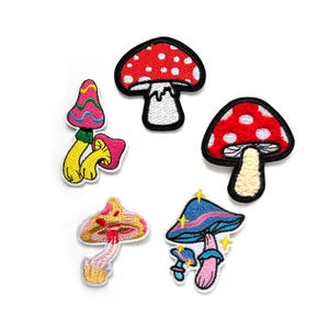 Può includere: Cinque toppe ricamate da stirare con diversi tipi di funghi. Le toppe sono di vari colori, tra cui rosso, bianco, rosa, blu e giallo.