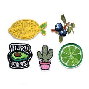 Può includere: Cinque toppe ricamate da stirare che raffigurano un limone giallo, un avocado verde, un lime verde, un cactus verde in un vaso rosa e un ramo di mirtilli blu e verde.