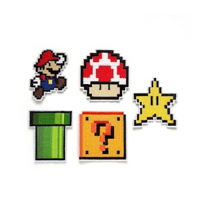 May include: Set of six embroidered iron-on patches featuring iconic Super Mario Bros. characters and items: Mario, a mushroom, a star, a pipe, and a question block.