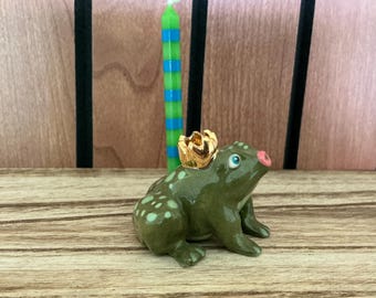 Frog cake topper, candle holder first birthday keepsake, ceramic heirloom celebration cake candle holder