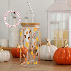 Retro Fall Leaves Acorn Glass Cup Bamboo Lid with Glass Straw Thanksgiving sipper glass gift for Women Iced Coffee Mug Cozy Fall Glass Can