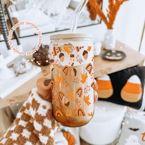 Cute Rainbow Acorn Sipper Glass Cup Bamboo Lid with Glass Straw sipper glass gift for women Cute Iced Coffee Mug Cozy Fall Glass Can