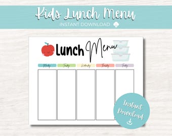 Kids Lunch Menu Printable, Weekly Meal Planner (Digital Download)