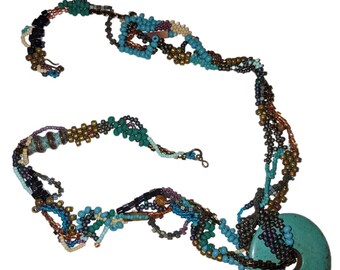 Artisan Beaded Freeform Necklace Turquoise Boho Ethnic OOAK Jewelry