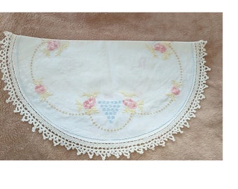 Vintage Hand Embroidered Table Topper / Doily with Crochet Edge, 19" Round. Pink