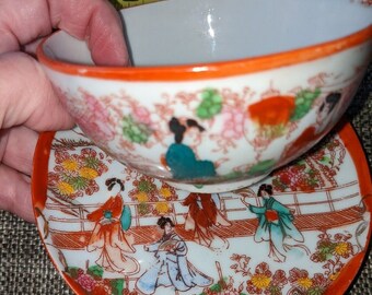 VINTAGE ANTIQUE ASIAN Japanese Cup and Saucer Geisha