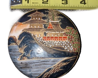 Japanese Trinket Box Black And Gold Color Porcelain Temple River Mt Fiji READ