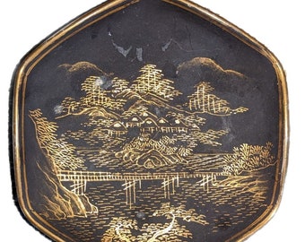 Vintage Japanese Black And Gold Color Dish River Bridge Mountain Intricate