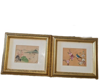 Set of  2 Japanese prints boats river mountain bird floral each 7x8 framed READ