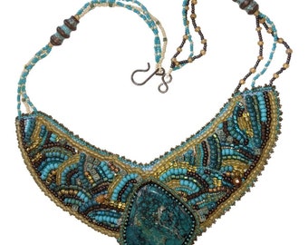 Artisan Turquoise Beaded Bib Necklace Freeform Boho Ethnic OOAK Jewelry