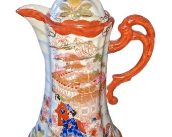 Chocolate Tea Pot Porcelain Hand Painted Asian Japanese Geisha Vintage READ