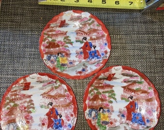 3 Vintage Japanese Asian Geisha Hand Painted Porcelain Saucers Dishes Plates