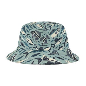 Personalizable Bucket Hat, Blue Fisherman Cap with Swimming Fish, Fishing Hat, Outdoor Sun Protection, Beach Vacation Accessory, Unique Gift