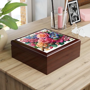 Joyero, organizador portátil compacto de viaje personalizado con flores de nacimiento de junio, rosa y madreselva