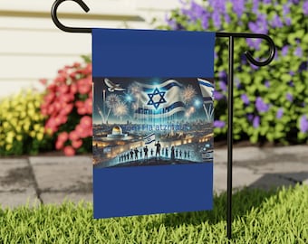 May include: A blue garden flag featuring the Israeli flag, fireworks, and a cityscape. The text "Yom Ha'atzmaut" is displayed on the flag.