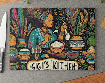Unique and Beautiful Glass Cutting Board, Gigi's Kitchen Decor, Kitchen Cutting Surface, Ethnic Design Glass Board, Family Cooking Gift