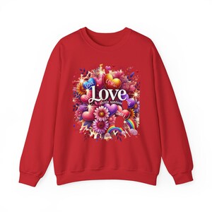 Valentine&#39;s Day Gift: Cozy Sweatshirt with Love Hearts and Rainbows, Floral Print Crewneck