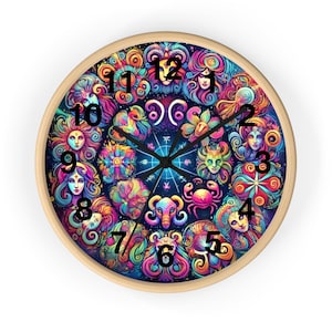 Zodiac Wall Clock, Astrology Wall Decor, Zodiac Sign Art, Cosmic Home Decor, Celestial Wall Art, Colorful Zodiac Clock