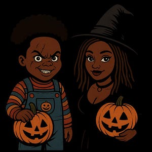 Puede incluir: Ilustración de dos figuras con temática de Halloween. Una figura es un niño con un overol sosteniendo una calabaza tallada. La otra figura es una mujer con un sombrero de bruja y sosteniendo una calabaza tallada. Ambas figuras tienen piel oscura y están sobre un fondo negro.