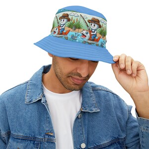 Personalizable Fisherman Hat, Blue Fishing Bucket Hat with Guy Riding Fish, Outdoor Sun Protection, Fishing Enthusiast Gift, Summer Beach