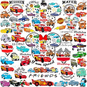 Puede incluir: Una colección de gráficos coloridos con temática de Cars, que incluyen a Rayo McQueen, Mate y otros personajes. Los diseños presentan banderas de carreras, el número 95 y frases como "Ka-Chow!" y "I am speed". Ideal para manualidades y decoraciones temáticas.