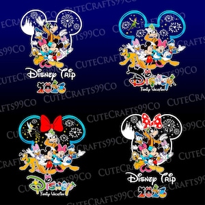 以下が含まれることがあります： ミッキーマウスの頭の形をしたディズニーキャラクターの4つのデザイン。各デザインには、ミッキー、ミニー、ドナルド、グーフィー、その他のキャラクターが含まれています。「Disney Trip 2016」と「Disney Family Vacation」の文字が含まれています。