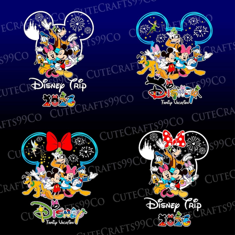 以下が含まれることがあります： ミッキーマウスの頭の形をしたディズニーキャラクターの4つのデザイン。各デザインには、ミッキー、ミニー、ドナルド、グーフィー、その他のキャラクターが含まれています。「Disney Trip 2016」と「Disney Family Vacation」の文字が含まれています。