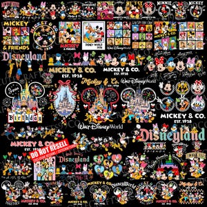 Puede incluir: Un collage de varios diseños temáticos de Mickey Mouse y Disney sobre un fondo negro. Los diseños incluyen a Mickey, Minnie, Donald y Goofy, junto con los logotipos de Disneyland y Walt Disney World. El texto incluye "Mickey & Co. Est. 1928" y "Disneyland".
