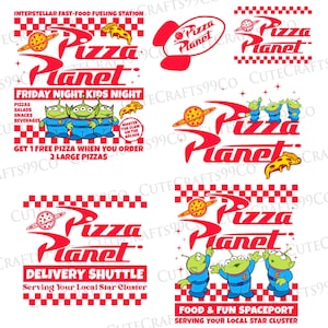 May include: A collection of red and white checkered graphic designs featuring the Pizza Planet logo, a planet icon, slices of pizza, and three green three-eyed aliens in blue uniforms. Text includes Interstellar Fast-Food Fueling Station.
