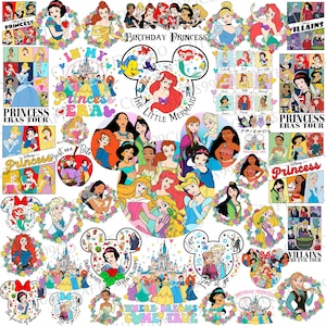 Puede incluir: Un collage de gráficos con temática de princesas de Disney. La imagen presenta varias princesas, como Ariel, Blancanieves y Cenicienta, junto con texto como "Princess Eras Tour" y "Birthday Princess". Los diseños son coloridos e incluyen detalles florales e ilustraciones de castillos.