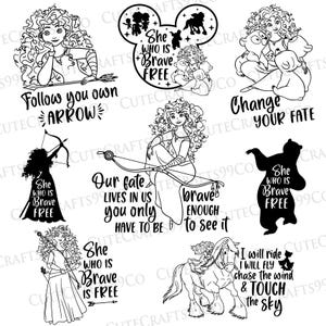 Puede incluir: Diseños de arte lineal en blanco y negro que representan a una princesa con cabello rizado, arcos y osos. El texto incluye frases como "Sigue tu propia flecha" y "Cambia tu destino".